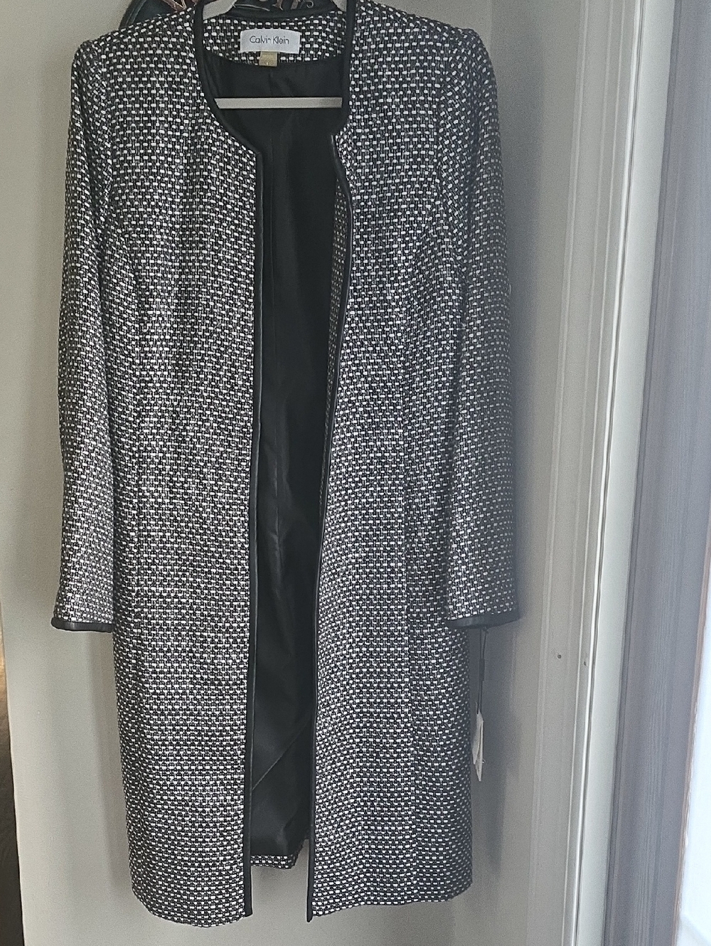 NWT Calvin Klein Black and White Tweed Collarless Coat with faux Leather Trim